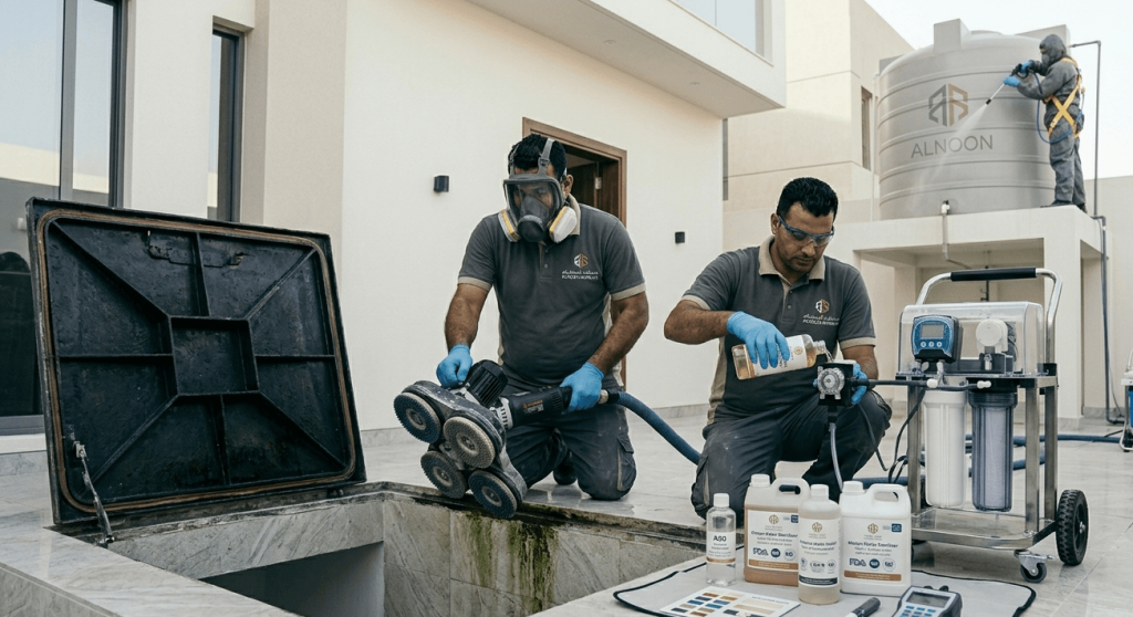 washing and disinfecting water tanks